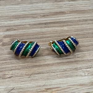 Gay Boyer vintage Elegant Gold and Blue-Green Striped clip Earrings
